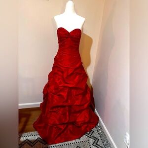 Red Beaded Strapless Prom Dress